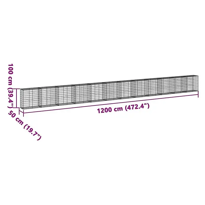 Furnicato Gabione - 1.200 x 50 x 100 cm, Metall, Maschenbreite: 50 mm, Maschenhöhe: 100 mm - Langes Drahtgeflecht-Gehege, 1200x100x50 cm, mit mehreren Abschnitten. Ideal für Gabionen oder Tierhaltung.