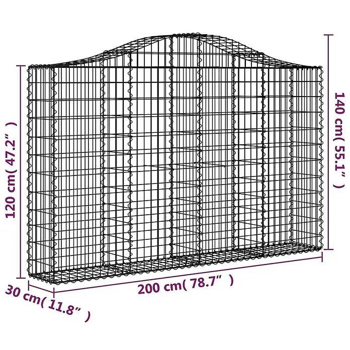 Furnicato Gabione - 30 x 200 x 140 cm, Metall, Maschenbreite: 50 mm, Maschenhöhe: 100 mm - Schwarzer Drahtgitter-Gabionenkorb mit wellenförmiger Oberseite.