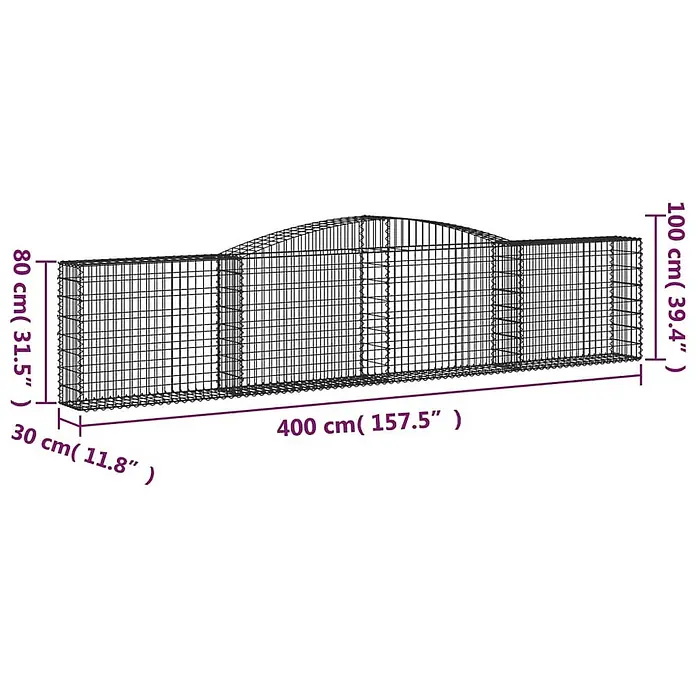Furnicato Gabione - 100 x 400 x 30 cm, Metall, Maschenbreite: 50 mm, Maschenhöhe: 100 mm - Metallgitter-Gabionenwand mit gewölbtem Mittelteil, bemaßt.