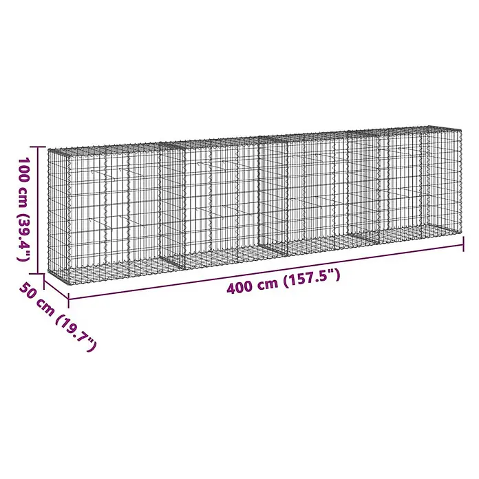 Furnicato Gabione - 400 x 50 x 100 cm, Metall, Maschenbreite: 50 mm, Maschenhöhe: 100 mm - Lange, rechteckige Drahtgitter-Gabionenwand, 400x50x100 cm, zum Befüllen mit Steinen für die Gartengestaltung.