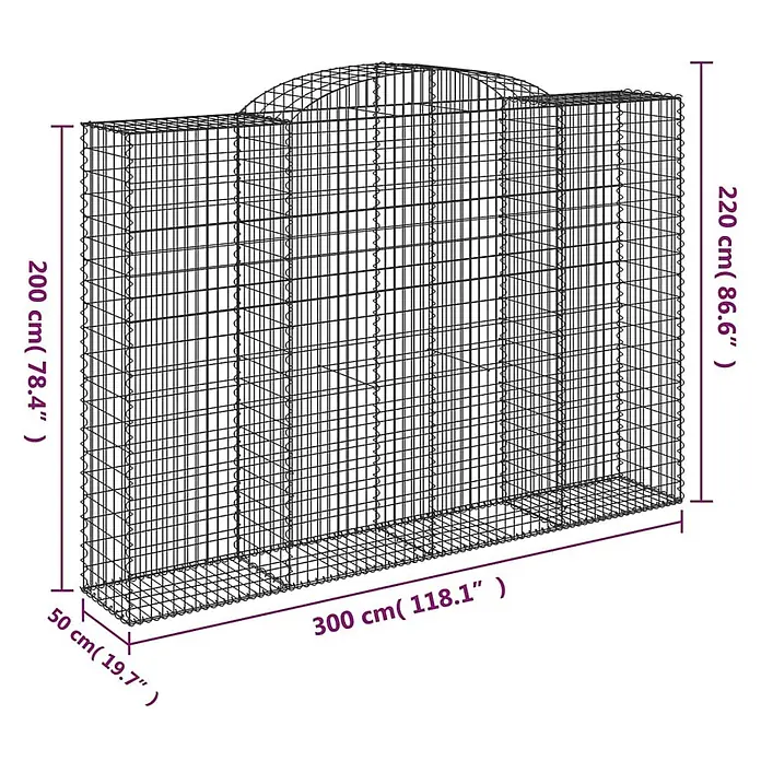 Furnicato Gabione - 50 x 300 x 220 cm, Metall, Maschenbreite: 50 mm, Maschenhöhe: 100 mm - Drahtgeflecht-Gabione mit gewölbter Oberseite für Gartenmauern oder -elemente, bemaßt.