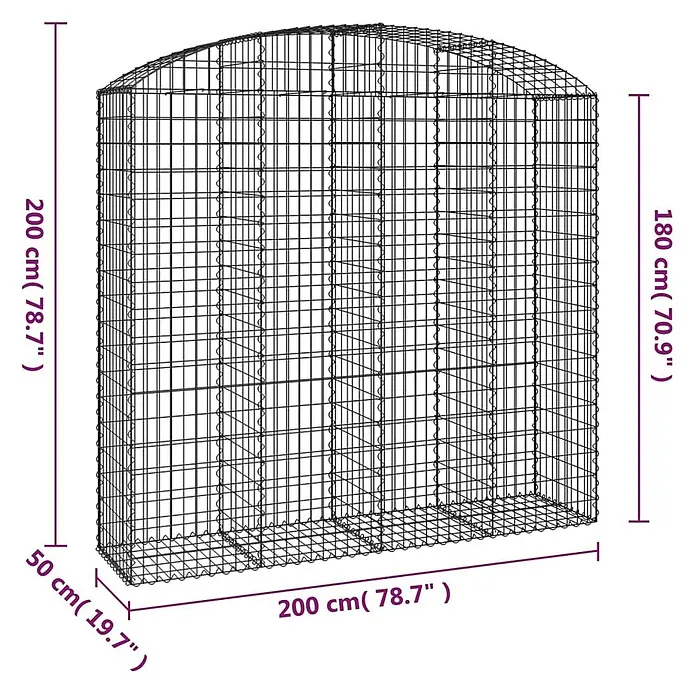 Furnicato Gabione - 200 x 200 x 50 cm, Metall, Maschenbreite: 50 mm, Maschenhöhe: 100 mm - Schwarzer Metall-Drahtgabionenkorb mit gewölbter Oberseite, Maße sind angezeigt.