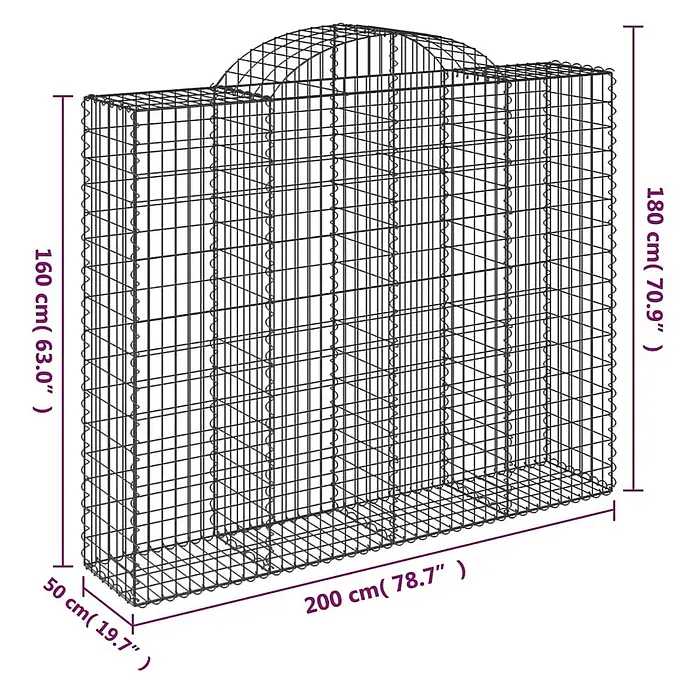 Furnicato Gabione - 180 x 200 x 50 cm, Metall, Maschenbreite: 50 mm, Maschenhöhe: 100 mm - Gabionenwand aus schwarzem Metallgitter, Maße 200x50x180/160 cm.