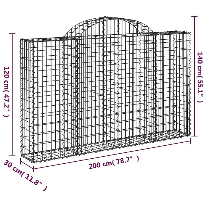 Furnicato Gabione - 140 x 200 x 30 cm, Metall, Maschenbreite: 50 mm, Maschenhöhe: 100 mm - Metallgitter-Gabionenkorb mit gewölbter Oberseite, 200x30 cm, 120-140 cm hoch.