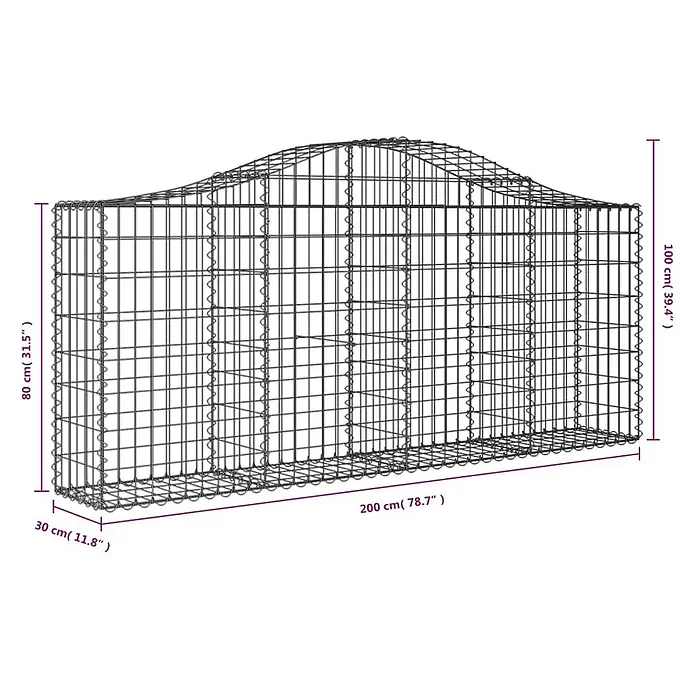 Furnicato Gabione - 30 x 200 x 100 cm, Metall, Maschenbreite: 50 mm, Maschenhöhe: 100 mm - Gabionenkorb aus Metalldraht mit wellenförmiger Oberseite, 200x30x80-100 cm groß.