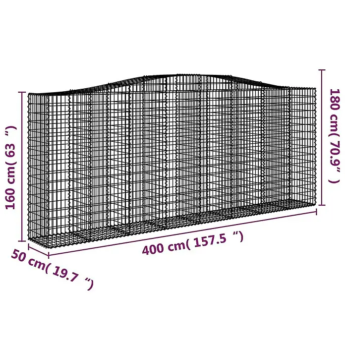 Furnicato Gabione - 180 x 400 x 50 cm, Metall, Maschenbreite: 50 mm, Maschenhöhe: 100 mm - Schwarzer Drahtgitter-Gabionenkorb, rechteckig mit gebogener Oberseite.