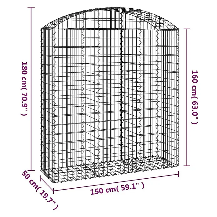 Furnicato Gabione - 180 x 150 x 50 cm, Metall, Maschenbreite: 50 mm, Maschenhöhe: 100 mm - Schwarzer Metallgitterkäfig mit rechteckigem Boden (150x50 cm) und gewölbter Oberseite, Gesamthöhe 180 cm.