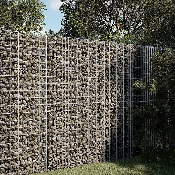 Furnicato Gabione - 100 x 50 x 200 cm, Metall, Maschenbreite: 50 mm, Maschenhöhe: 100 mm - Gabionenwand aus grauem Metallgeflecht gefüllt mit Natursteinen, als Gartenzaun dienend.