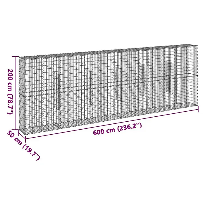 Furnicato Gabione - 600 x 50 x 200 cm, Metall, Maschenbreite: 50 mm, Maschenhöhe: 100 mm - Langer Gabionenkorb aus Drahtgeflecht, 600x200x50 cm, für Gartenmauern.