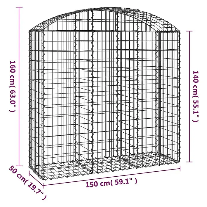 Furnicato Gabione - 160 x 150 x 50 cm, Metall, Maschenbreite: 50 mm, Maschenhöhe: 100 mm - Leerer Gabionenkäfig aus Metallgitter mit rechteckigem Boden und gewölbter Oberseite, Maße hervorgehoben.