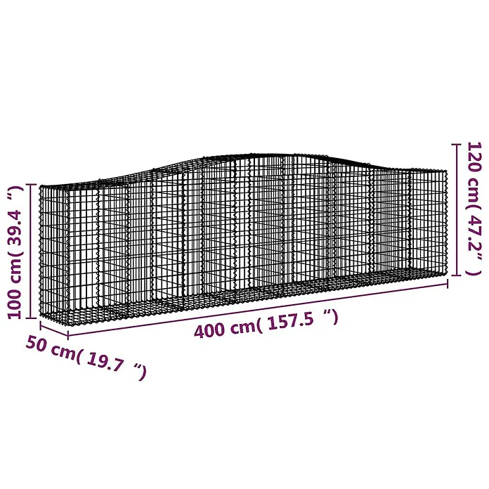 Furnicato Gabione - 120 x 400 x 50 cm, Metall, Maschenbreite: 50 mm, Maschenhöhe: 100 mm - Schwarzer Drahtgeflecht-Gabionenkäfig, 400x50 cm, höhenverstellbar von 100 cm bis 120 cm.