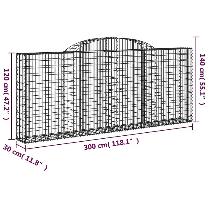 Furnicato Gabione - 140 x 300 x 30 cm, Metall, Maschenbreite: 50 mm, Maschenhöhe: 100 mm - Dunkle Drahtgeflecht-Gabionenwand mit zentral gewölbter Oberseite.