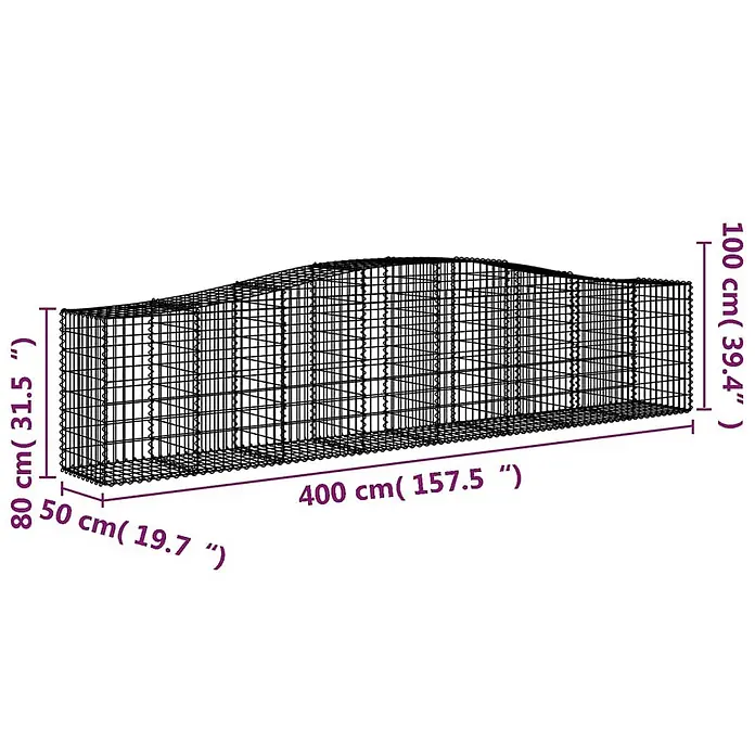 Furnicato Gabione - 50 x 400 x 100 cm, Metall, Maschenbreite: 50 mm, Maschenhöhe: 100 mm - Länglicher schwarzer Drahtgeflecht-Gabionenkorb mit gewellter Oberkante, für Garten- und Landschaftsbau.