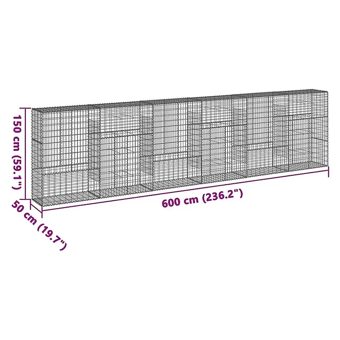 Furnicato Gabione - 600 x 50 x 150 cm, Metall, Maschenbreite: 50 mm, Maschenhöhe: 100 mm - Ein langer rechteckiger Gabionenkorb aus grauem Drahtgeflecht, 600x150x50 cm.