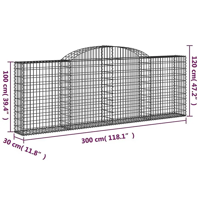 Furnicato Gabione - 30 x 300 x 120 cm, Metall, Maschenbreite: 50 mm, Maschenhöhe: 100 mm - Schwarze Drahtgitter-Gabionenwand mit gewölbter Oberseite, Maße: 300 cm Länge, 30 cm Tiefe, 100/120 cm Höhe.