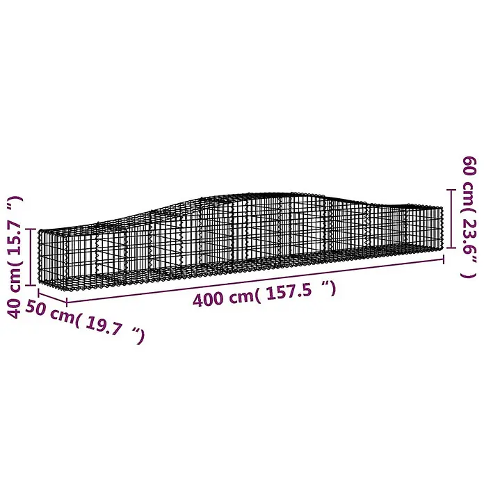 Furnicato Gabione - 50 x 400 x 60 cm, Metall, Maschenbreite: 50 mm, Maschenhöhe: 100 mm - Schwarzer Drahtgeflecht-Gabion in Autoform mit Maßangaben für die Gartengestaltung.