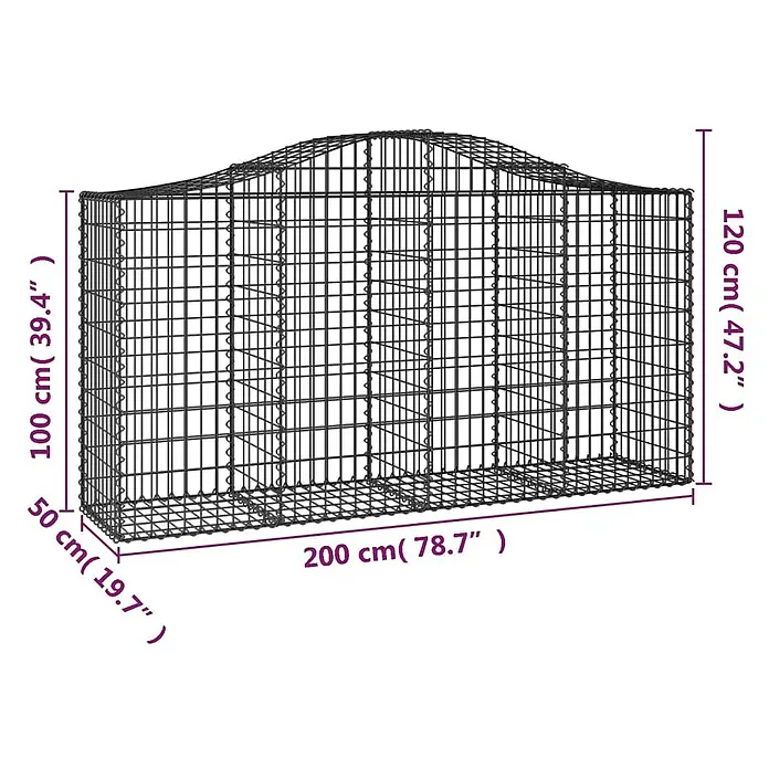 Furnicato Gabione - 50 x 200 x 120 cm, Metall, Maschenbreite: 50 mm, Maschenhöhe: 100 mm - Gabionenkorb aus dunklem Metallgitter mit gewölbter Oberseite für die Gartengestaltung.