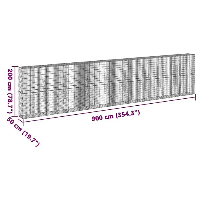Furnicato Gabione - 900 x 50 x 200 cm, Metall, Maschenbreite: 50 mm, Maschenhöhe: 100 mm - Ein langer, grauer Drahtgitter-Gabion, 900 cm lang, 200 cm hoch und 50 cm tief, für eine Stützmauer.