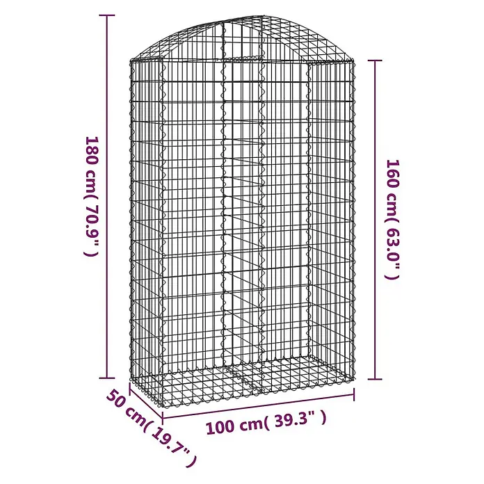 Furnicato Gabione - 50 x 100 x 180 cm, Metall, Maschenbreite: 50 mm, Maschenhöhe: 100 mm - Schwarzer Drahtgeflecht-Gabionenkorb mit abgerundeter Oberseite.