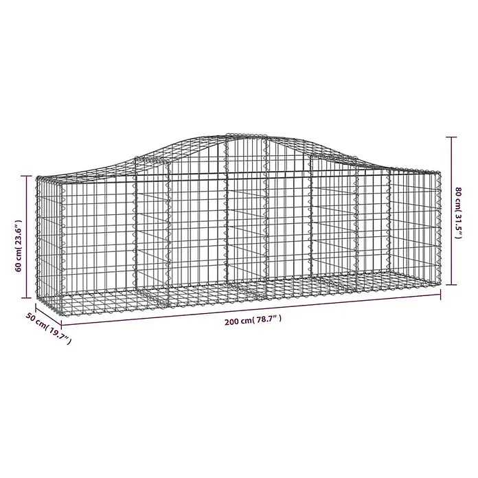 Furnicato Gabione - 50 x 200 x 80 cm, Metall, Maschenbreite: 50 mm, Maschenhöhe: 100 mm - Gabionenkorb aus Metallgeflecht mit rechteckigem Boden und gewölbter Oberseite.