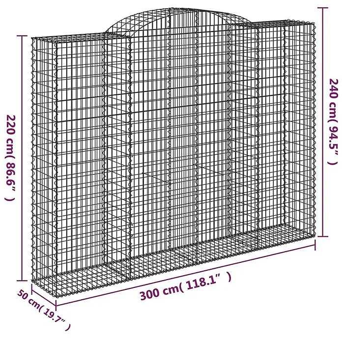 Furnicato Gabione - 50 x 300 x 240 cm, Metall, Maschenbreite: 50 mm, Maschenhöhe: 100 mm - Drahtgeflecht-Gabionenwand für Garten- und Landschaftsgestaltung mit gewölbter Oberseite.
