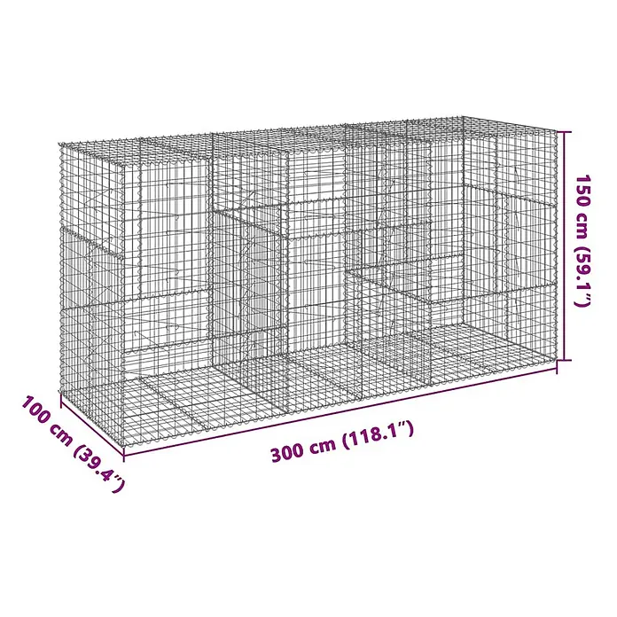 Furnicato Gabione - 300 x 100 x 150 cm, Metall, Maschenbreite: 50 mm, Maschenhöhe: 100 mm - Rechteckiger Gabionenkäfig aus grauem Drahtgitter mit inneren Trennwänden.