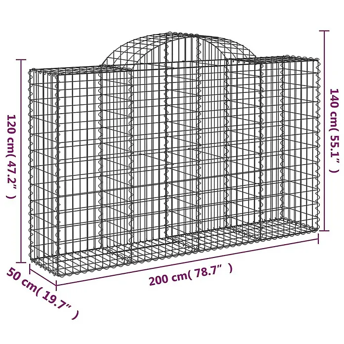 Furnicato Gabione - 50 x 200 x 140 cm, Metall, Maschenbreite: 50 mm, Maschenhöhe: 100 mm - Gabionenkorb aus Drahtgitter mit gewölbter Oberseite, Maße angezeigt.