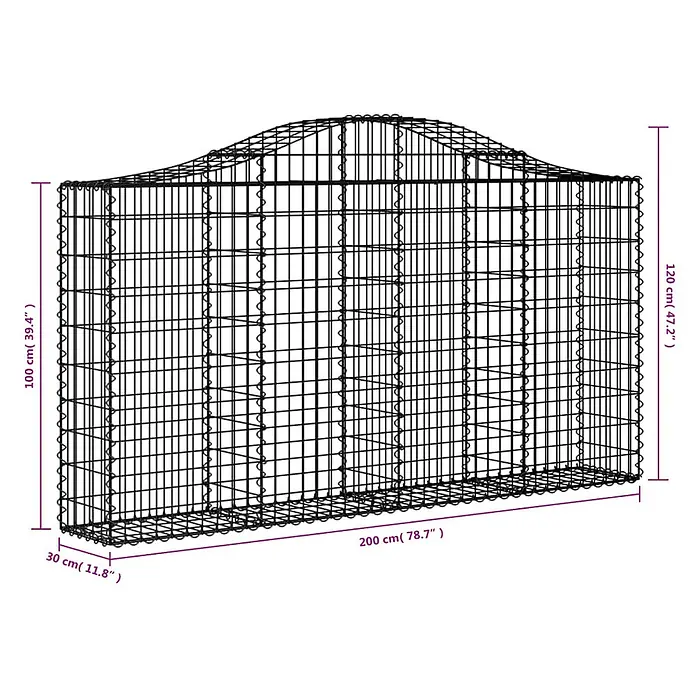 Furnicato Gabione - 30 x 200 x 120 cm, Metall, Maschenbreite: 50 mm, Maschenhöhe: 100 mm - Schwarzer Gabionenkorb aus Drahtgeflecht mit gewölbter Oberseite, 200x30x120 cm (LxBxH).