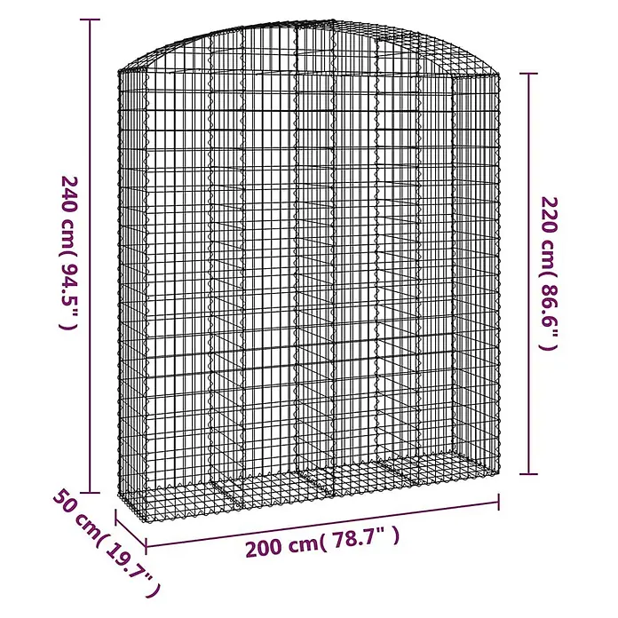Furnicato Gabione - 240 x 200 x 50 cm, Metall, Maschenbreite: 50 mm, Maschenhöhe: 100 mm - Schwarzer Drahtgeflecht-Gabionenkäfig mit gewölbter Oberseite, Maße für Länge, Breite und Höhe werden gezeigt.