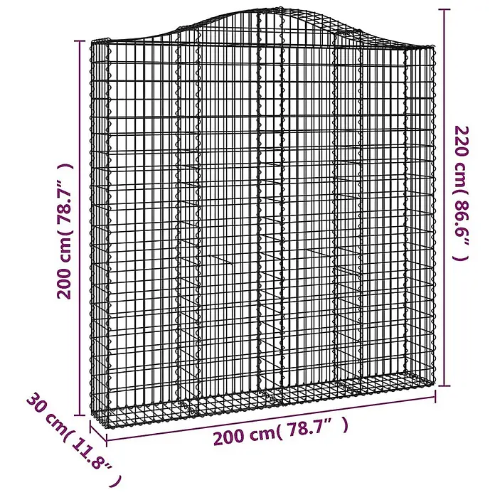 Furnicato Gabione - 30 x 200 x 220 cm, Metall, Maschenbreite: 50 mm, Maschenhöhe: 100 mm - Drahtgitter-Gabionenkorb aus Metall mit gewölbter Oberseite.