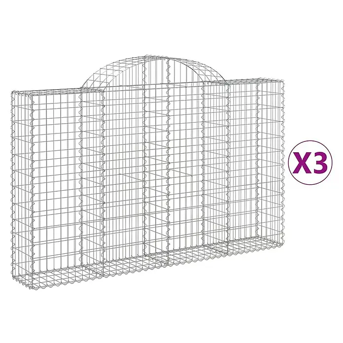 Furnicato Gabione - 140 x 200 x 30 cm, Metall, Maschenbreite: 50 mm, Maschenhöhe: 100 mm - Satz von 3 grauen Draht-Gabionenkörben, rechteckig mit gewölbter Oberseite.