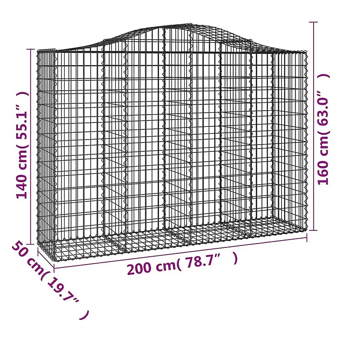 Furnicato Gabione - 50 x 200 x 160 cm, Metall, Maschenbreite: 50 mm, Maschenhöhe: 100 mm - Schwarzer Drahtgeflecht-Gabion mit rechteckigem Boden und gewölbter Oberseite, Maße für Länge, Breite und variable Höhe.