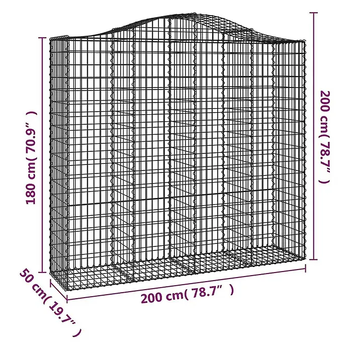 Furnicato Gabione - 50 x 200 x 200 cm, Metall, Maschenbreite: 50 mm, Maschenhöhe: 100 mm - Schwarzer Drahtgeflecht-Gabionenkasten mit gewölbter Oberseite, 200 cm lang, 50 cm breit, 200 cm hoch (180 cm Seitenhöhe).