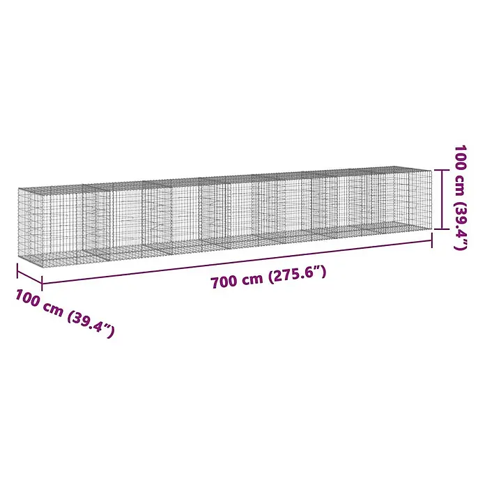 Furnicato Gabione - 700 x 100 x 100 cm, Metall, Maschenbreite: 50 mm, Maschenhöhe: 100 mm - Großes rechteckiges Gabion aus grauem Drahtgeflecht, 700x100x100 cm.