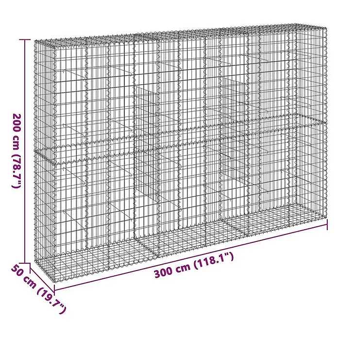 Furnicato Gabione - 300 x 50 x 200 cm, Metall, Maschenbreite: 50 mm, Maschenhöhe: 100 mm - Drahtgitter-Gabionenkorb für Landschaftsbau, Maße für Höhe, Länge und Tiefe sind sichtbar.