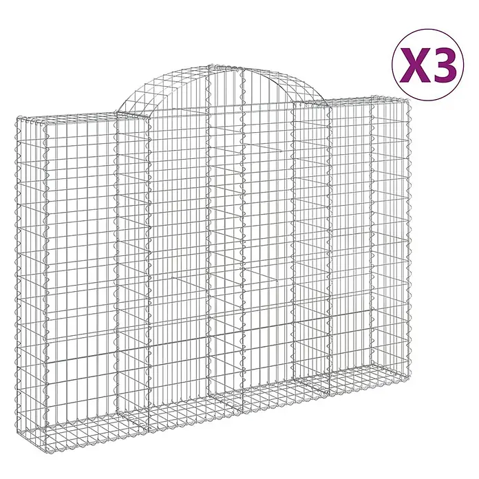 Furnicato Gabione - 160 x 200 x 30 cm, Metall, Maschenbreite: 50 mm, Maschenhöhe: 100 mm - Set aus 3 silbernen Drahtgitter-Gabionenkörben für eine Mauer, einer mit abgerundeter Oberseite.