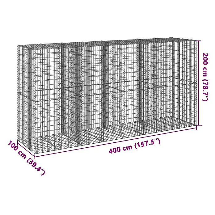 Furnicato Gabione - 400 x 100 x 200 cm, Metall, Maschenbreite: 50 mm, Maschenhöhe: 100 mm - Rechteckiger Gabionenkäfig aus verzinktem Stahldrahtgeflecht, 400x100x200 cm, mit Innenfächern.