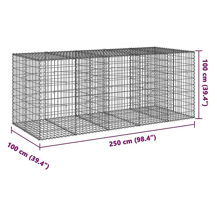 Furnicato Gabione - 250 x 100 x 100 cm, Metall, Maschenbreite: 50 mm, Maschenhöhe: 100 mm - Rechteckiger Gabionenkorb aus grauem Drahtgeflecht, 250x100x100 cm.