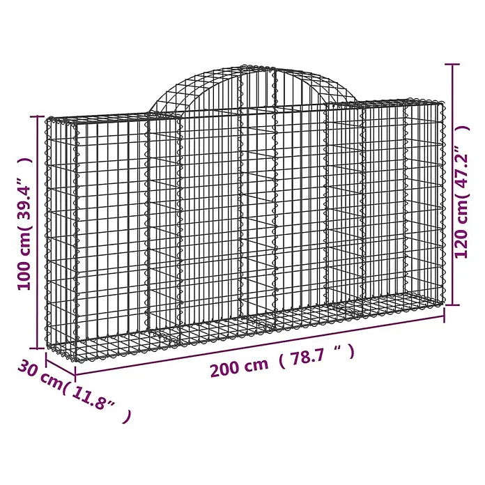 Furnicato Gabione - 120 x 200 x 30 cm, Metall, Maschenbreite: 50 mm, Maschenhöhe: 100 mm - U-förmiger Gabionenkorb aus dunklem Metallgitter mit gewölbtem Mittelteil.