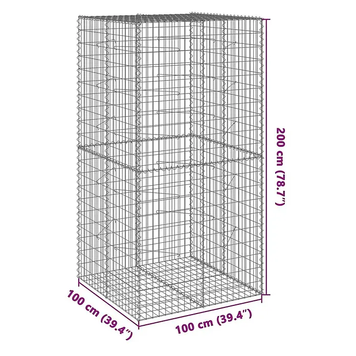 Furnicato Gabione - 100 x 100 x 200 cm, Metall, Maschenbreite: 50 mm, Maschenhöhe: 100 mm - Grauer Metall-Gabionenkorb mit Gitterpaneelen, Maße 100x100x200 cm.