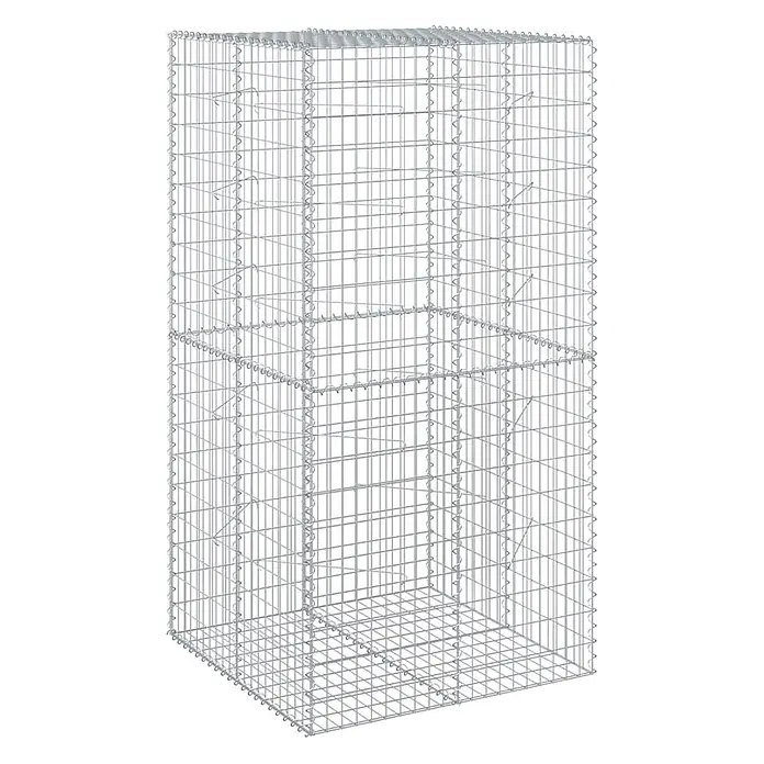 Furnicato Gabione - 100 x 100 x 200 cm, Metall, Maschenbreite: 50 mm, Maschenhöhe: 100 mm - Hoher, leerer Gabionenkorb aus silbernem Drahtgeflecht mit Innenfächern, aus Schrägperspektive.