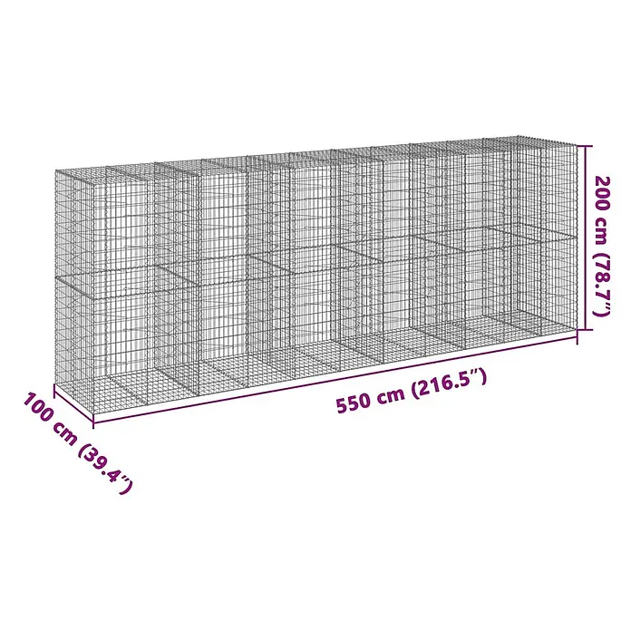 Furnicato Gabione - 550 x 100 x 200 cm, Metall, Maschenbreite: 50 mm, Maschenhöhe: 100 mm - Langer rechteckiger Gabionenkorb aus Drahtgeflecht mit inneren Unterteilungen, ideal für Gartengestaltung.