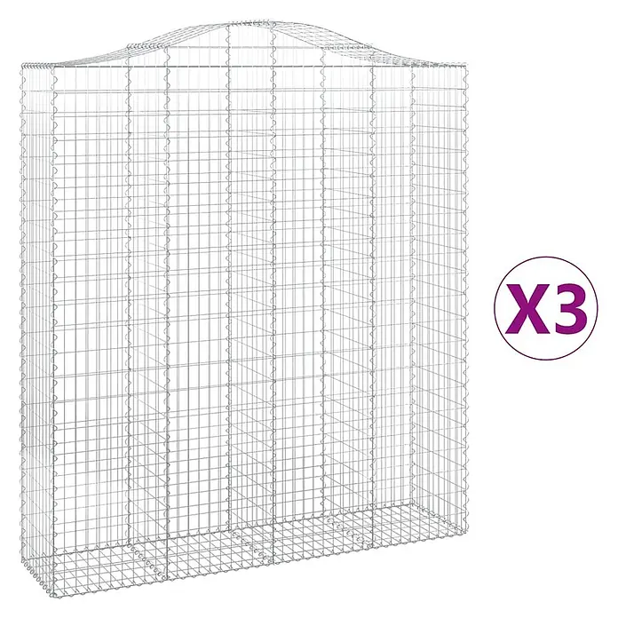 Furnicato Gabione - 50 x 200 x 240 cm, Metall, Maschenbreite: 50 mm, Maschenhöhe: 100 mm - Set aus drei silbernen Drahtgitter-Gabionenkörben mit gewölbter Oberseite.