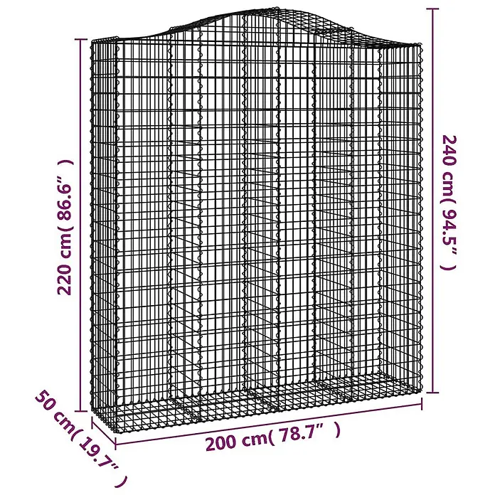 Furnicato Gabione - 50 x 200 x 240 cm, Metall, Maschenbreite: 50 mm, Maschenhöhe: 100 mm - Gabionenkorb aus schwarzem Metallgeflecht mit gewölbter Oberseite, 200x50 cm, Höhe 220-240 cm.