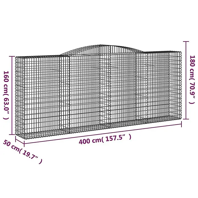 Furnicato Gabione - 180 x 400 x 50 cm, Metall, Maschenbreite: 50 mm, Maschenhöhe: 100 mm - Drahtgitter-Gabionenkorb mit gewölbtem Mittelteil, ideal für Gartenmauern oder Landschaftsbau.