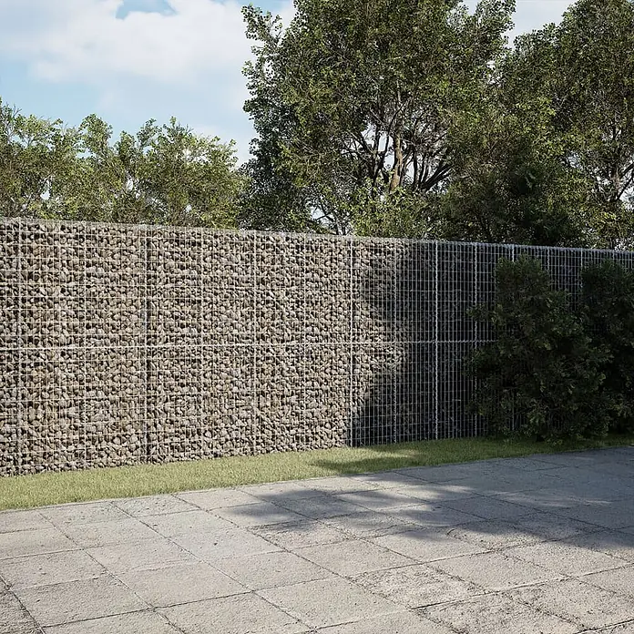 Furnicato Gabione - 400 x 50 x 200 cm, Metall, Maschenbreite: 50 mm, Maschenhöhe: 100 mm - Gabionenwand gefüllt mit Natursteinen, dient als robuster Gartenzaun oder Sichtschutz im Außenbereich.