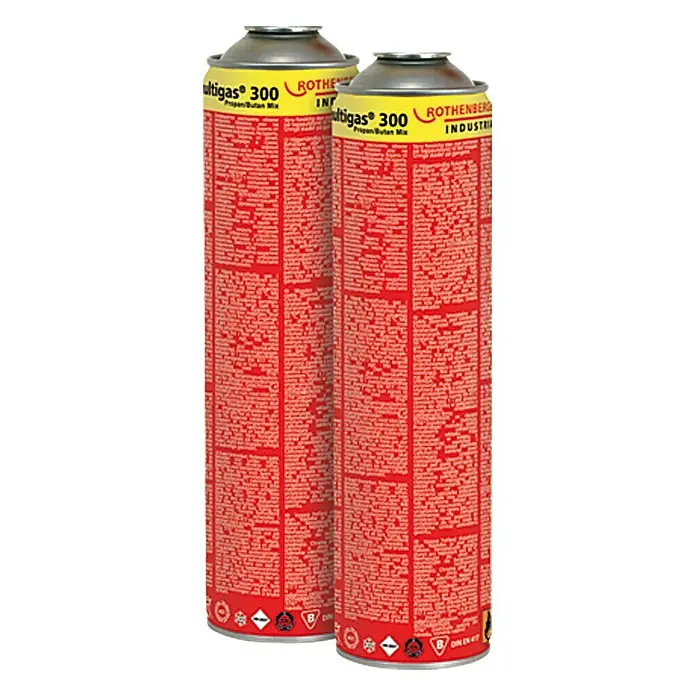 Rothenberger Industrial Multigas 300 - 600 ml, Höchsttemperatur: 1.900 °C, 2 Stk. - Zwei rote Rothenberger Multigas 300 Kartuschen für Profi-Anwendungen, ideal für Handwerker & Installateure, mit Propan-Butan-Mix für hohe Leistung.