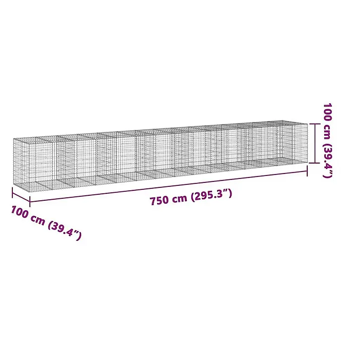 Furnicato Gabione - 750 x 100 x 100 cm, Metall, Maschenbreite: 50 mm, Maschenhöhe: 100 mm - Langer Drahtgitterkäfig, 750 cm lang, 100 cm breit und 100 cm hoch.