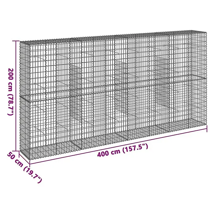 Furnicato Gabione - 400 x 50 x 200 cm, Metall, Maschenbreite: 50 mm, Maschenhöhe: 100 mm - Rechteckiger Gabionenkorb aus Metallgeflecht, 400x50x200 cm, für Gartenmauern oder Zäune.
