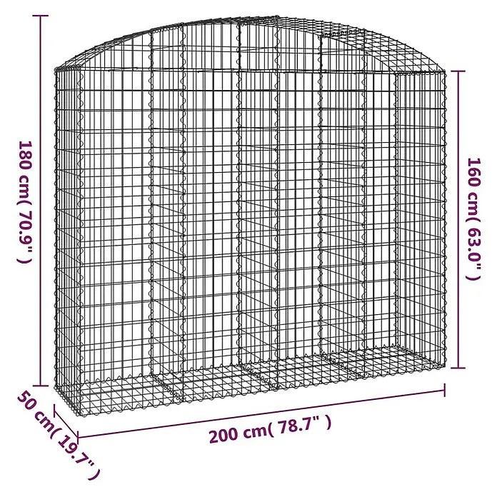 Furnicato Gabione - 180 x 200 x 50 cm, Metall, Maschenbreite: 50 mm, Maschenhöhe: 100 mm - Schwarzer Drahtgeflecht-Gabionenkorb mit gewölbter Oberseite, 200x50x180 cm.